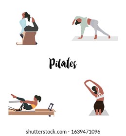 Women doing pilates with equipment such as chair, reformer - a concept illustration of pilates, active life