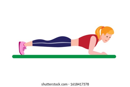 women doing plank exercise abs workout, girl training fitness in gym or home cartoon flat illustration vector