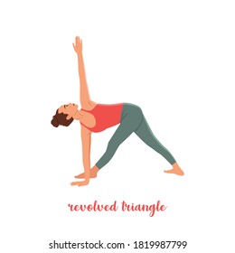 Women doing Revolved Triangle Yoga Pose. Parivrtta Trikonasana. Flat vector illustration isolated on white background