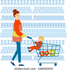 Women doing shopping in supermarket. 
Mom with child in supermarket trolley