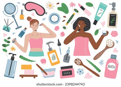 Women doing skincare routine, applying face cream and serum, beauty products and tools hand drawn set, doodle icons of skin care, bodycare treatments, cosmetics collection, vector illustrations