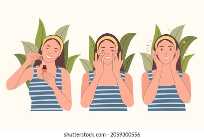 Women Doing Skincare Routine, Using Facial Serum And Get Glowing Healthy Skin Vector Illustration. Used For Social Media, Landing Page And Website Image