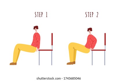 Women doing sport exercises - instruction for home training or workout concept. Fitness activity for people health. Girls doing push ups in living room with chair - vector illustration on white