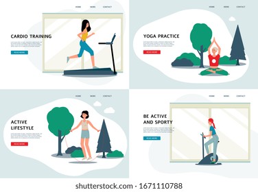 Women doing sport - flat banner set with female athletes running on treadmill and stationary bike, doing yoga and skipping with jump rope in nature. Vector illustration.