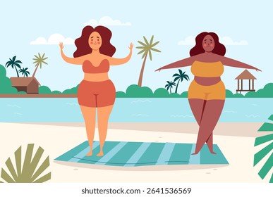 Women doing sport on beach concept. Vector flat graphic design illustration