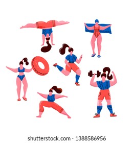 Women doing sports. Poses of yoga, exercises for healthy lifestyle, swimming in pool,. Cute girls vector flat illustration. Workout in the gym and park on white background. Fitness for every woman