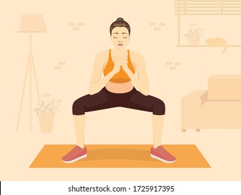 Women doing squat exercise on orange mat at the living room her home. Illustration about New normal, Fitness while Stay at Home.