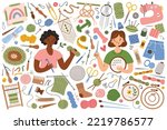 Women doing trendy needlework crafts, large set of knitting and sewing tools, icons of yarn, needles, crochet hook, handicraft accessories, set of handmade doodle items, isolated colored clipart
