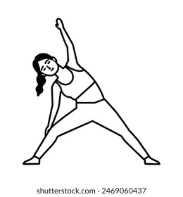 Women doing a Triangle yoga pose, Trikonasana, stretching exercises, and asana help relieve stress. Line Art vector illustration isolated on white background.