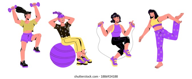 Women doing various sport exercises, flat vector illustration isolated on white background. Set of cartoon female characters in sportswear. Healthy lifestyle, sport and fitness concept.