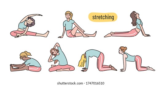 Women doing various stretching and yoga poses. hand drawn style vector design illustrations. 