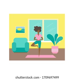 Women doing yoga activity at home. Stay at home and self isolation conceptual vector illustration. COVID-19 coronavirus prevention.