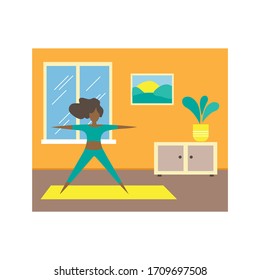 Women doing yoga activity at home. Stay at home and self isolation conceptual vector illustration. COVID-19 coronavirus prevention.