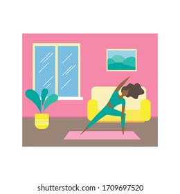 Women doing yoga activity at home. Stay at home and self isolation conceptual vector illustration. COVID-19 coronavirus prevention.