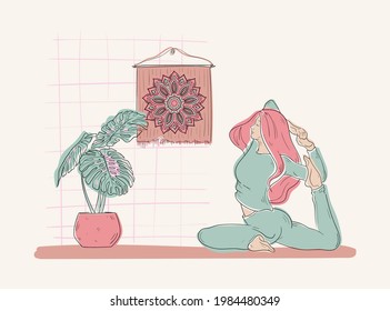 Women doing yoga activity at home, studying class distance illustration in vector. Stay at home and things to do in self isolation and social distancing during epidemic of corona virus.