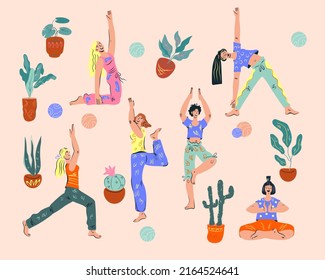 Women doing yoga asanas among houseplants, flat vector illustration isolated. Kundalini yoga and meditation. Relax and harmony of mind and body.