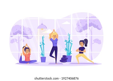 Women doing yoga asanas in studio scene. Young girls do balance and flexibility exercises in class. Healthy lifestyle, sport activity concept. Vector illustration of people characters in flat design
