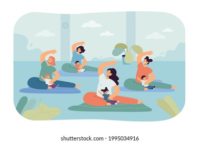 Women doing yoga with babies. Flat vector illustration. Group of mothers exercising with children in gym. Family, healthy lifestyle, sport, motherhood concept for banner design or landing page