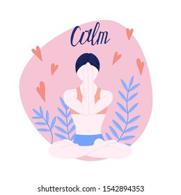 The women is doing yoga. Calm lettering. Sport concept. Flat vector illustration.