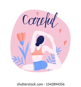 The women is doing yoga. Careful lettering. Sport concept. Flat vector illustration.