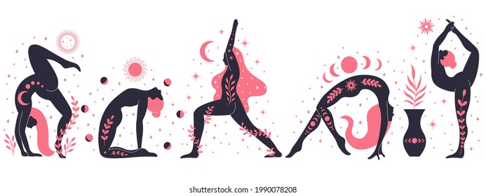 Women doing yoga, contemporary floral yoga concept illustration. Vector woman meditation, pose healthy body, character do yoga, female position collection