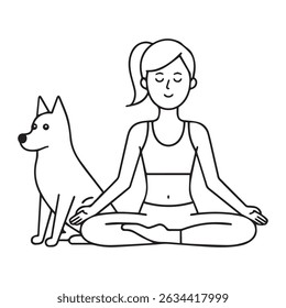 A Women Doing Yoga With Dog Cartoon With Silhouette Vector Illustration