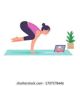 women doing yoga during stay home while doing video call conference