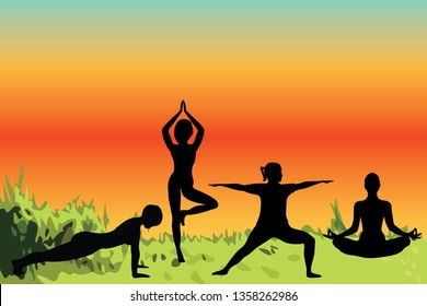 Women doing yoga excercises in a nature vector illustration. Activity  outdoors meditation and relaxation in the nature scenery. Active lifestile