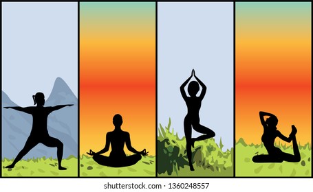 Women doing yoga excercises in a nature vector illustration. Activity  outdoors meditation and relaxation in the nature scenery. Active lifestile