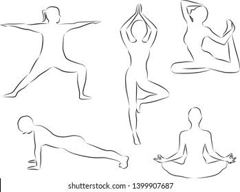 Women doing yoga excercises silhouettes outline vector illustration on a white background isolated. Activity  outdoors meditation and relaxation. Active lifestile concept