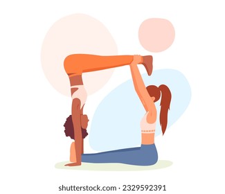 Women doing yoga exercise. Female friends doing sports together. Practicing yoga with friend. Active and healthy lifestyle. Time for morning workout. Vector flat illustration