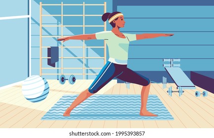 women doing yoga exercise at gym with gym eequipment in the background. used for landing page, website image and other