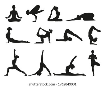 Women doing yoga, exercises, relaxes. Black silhouettes set isolated on white background.