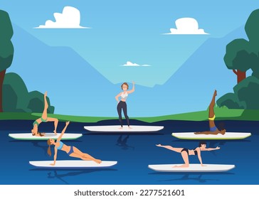 Mujeres haciendo ejercicios de yoga paradas en tablero de remo, ilustración vectorial plana. Lago y paisaje montañoso. La gente practica asanas de yoga en tablas de surf con el profesor. Concepto de sup yoga.