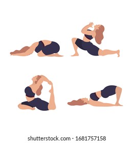 Women doing yoga exercises. Vector set of beautiful woman in various yoga poses. Isolated on white.