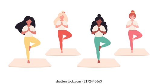 Women doing yoga. Healthy lifestyle, self care, yoga, meditation. Yoga studio, yoga class. Hand drawn vector illustration