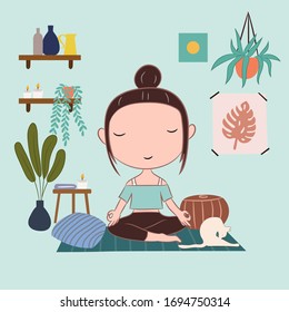 Women Doing Yoga At Home Comfortably. Namaste Stay Home Stay Safe Stay Strong. Vector , .