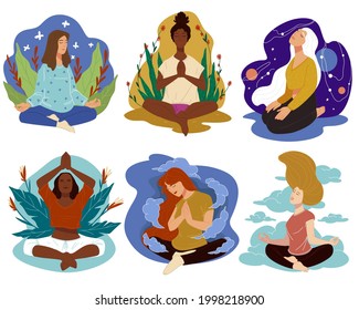 Women doing yoga, ladies practicing and meditating. Female characters in calm state of mind sitting in asana pose. Girls with foliage and decorations, nature and cosmos unity. Vector in flat style