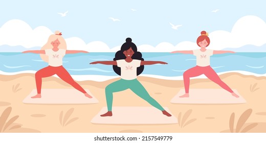 Women doing yoga on the beach. Hello summer, summer leisure, vacation. Healthy lifestyle, self care, yoga, meditation. Hand drawn vector illustration