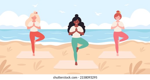 Women doing yoga on the beach. Hello summer, summer leisure, vacation. Healthy lifestyle, self care, yoga, meditation. Hand drawn vector illustration
