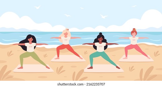 Women doing yoga on the beach. Hello summer, summer leisure, vacation. Healthy lifestyle, self care, yoga, meditation. Hand drawn vector illustration