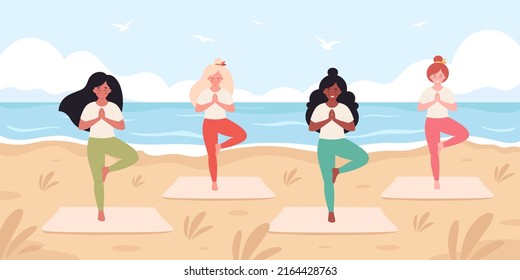 Women doing yoga on the beach. Hello summer, summer leisure, vacation. Healthy lifestyle, self care, yoga, meditation. Hand drawn vector illustration