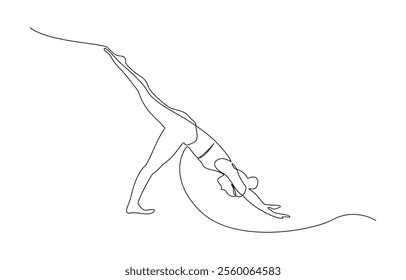 Women doing yoga one line drawing. Aerobic sport girl exercise for modern healthy lifestyle, Continuous one line drawing of yoga girl. Workout concept of woman exercise standing with hands.