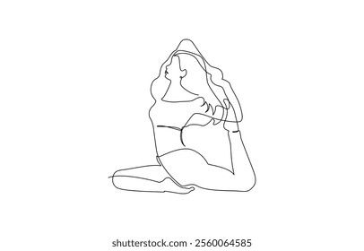 Women doing yoga one line drawing. Aerobic sport girl exercise for modern healthy lifestyle, Continuous one line drawing of yoga girl. Workout concept of woman exercise standing with hands.