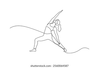 Women doing yoga one line drawing. Aerobic sport girl exercise for modern healthy lifestyle, Continuous one line drawing of yoga girl. Workout concept of woman exercise standing with hands.