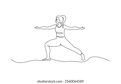 Women doing yoga one line drawing. Aerobic sport girl exercise for modern healthy lifestyle, Continuous one line drawing of yoga girl. Workout concept of woman exercise standing with hands.