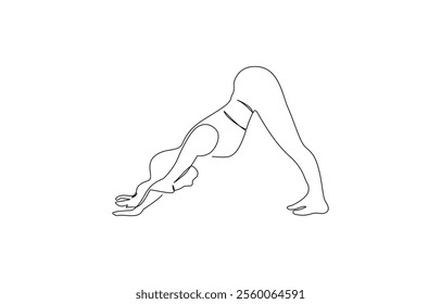 Women doing yoga one line drawing. Aerobic sport girl exercise for modern healthy lifestyle, Continuous one line drawing of yoga girl. Workout concept of woman exercise standing with hands.