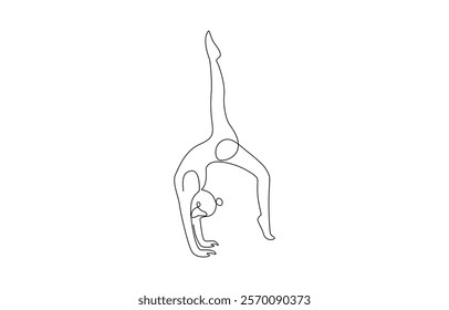 Women doing yoga one line drawing. Aerobic sport girl exercise for modern healthy lifestyle, Continuous one line drawing of yoga girl. Workout concept of woman exercise standing with hands.