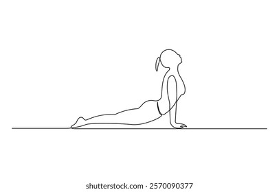 Women doing yoga one line drawing. Aerobic sport girl exercise for modern healthy lifestyle, Continuous one line drawing of yoga girl. Workout concept of woman exercise standing with hands.