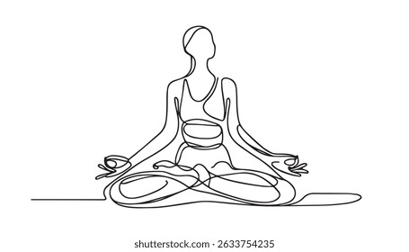 Women doing yoga one line drawing. Aerobic sport girl exercise for modern healthy lifestyle, Continuous one line drawing of yoga girl. Workout concept of woman exercise standing with hands.